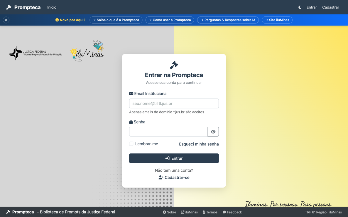 Tela de login da Prompteca, com campos de e-mail e senha e a faixa Novo por aqui? no topo
