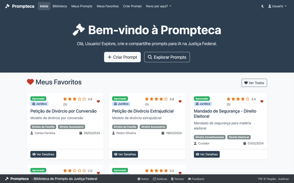 Página inicial da Prompteca com o menu superior, botões Criar Prompt e Explorar Prompts e a seção Meus Favoritos