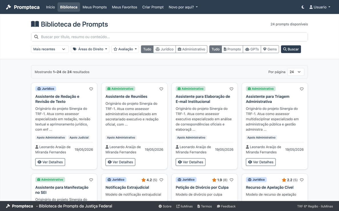 Biblioteca de Prompts com campo de busca, filtros de área, avaliação, categoria e tipo, e cards de prompts