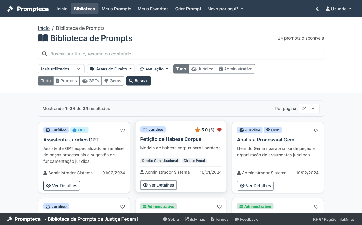 Biblioteca com o filtro de tipos e três cards lado a lado: um com selo GPT, um prompt de texto sem selo e um com selo Gem