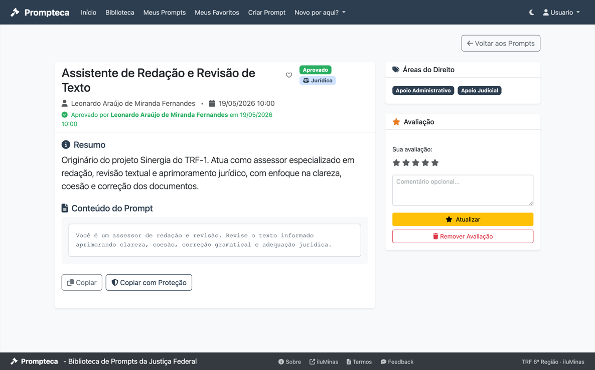 Página de detalhes de um prompt com os botões Copiar e Copiar com Proteção e o painel de avaliação por estrelas