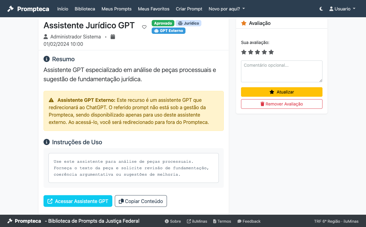 Página de detalhes de um assistente GPT com o selo GPT Externo, o aviso de redirecionamento e o botão Acessar Assistente GPT