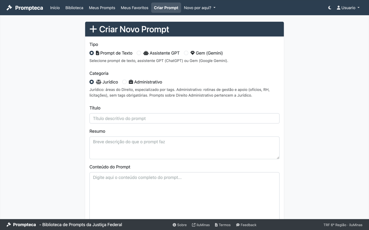 Formulário Criar Novo Prompt com campos de tipo, categoria, título, resumo e conteúdo