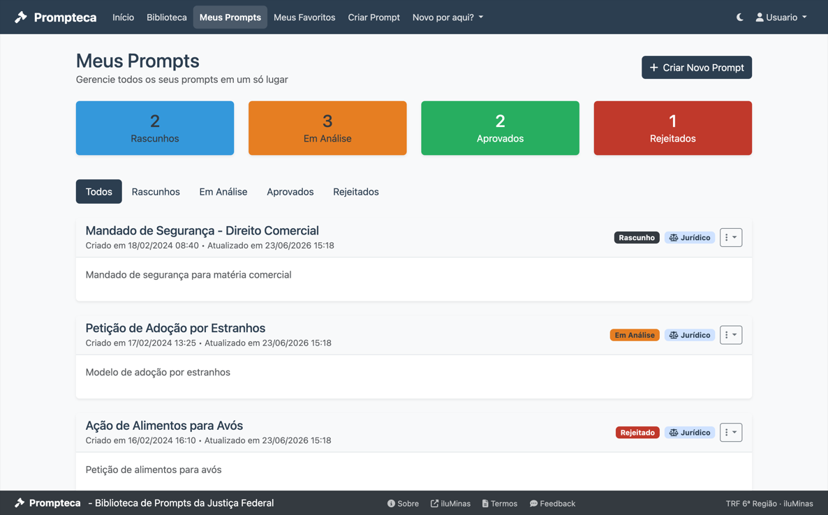 Tela Meus Prompts com contadores de rascunhos, em análise, aprovados e rejeitados, e a lista de prompts com o status de cada um